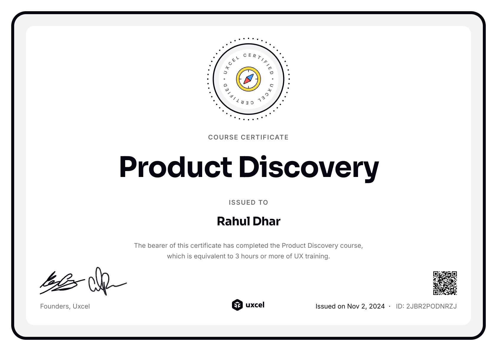 Rahul Dhar's certificate